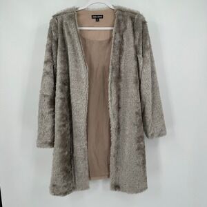 Womens Old Money Faux Fur Duster Coat Size S Neutral Shaggy Glam Open Front